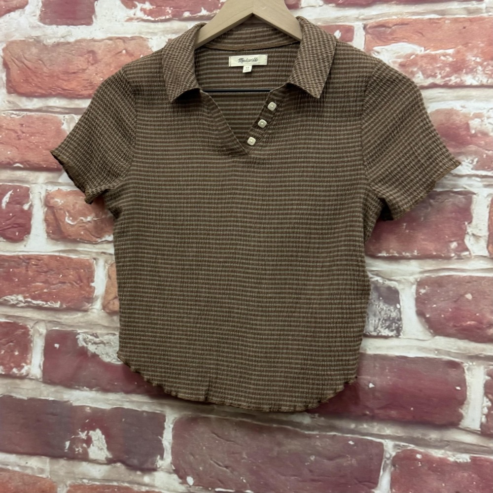 Madewell Shirt Women's XS Brown Knit Striped Crinkle Accent Button Casual Shirt - Picture 3 of 9